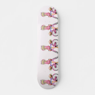 Cute Blonde Girl and Pink Bike with Cat in Flowers Skateboard
