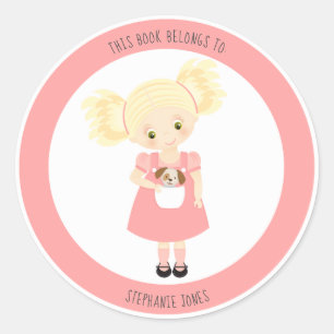 Cute Blonde Girl and Puppy This Book Belongs to Classic Round Sticker