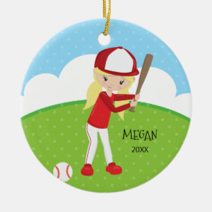 Cute Blonde Girl Baseball Personalized Christmas Ceramic Ornament