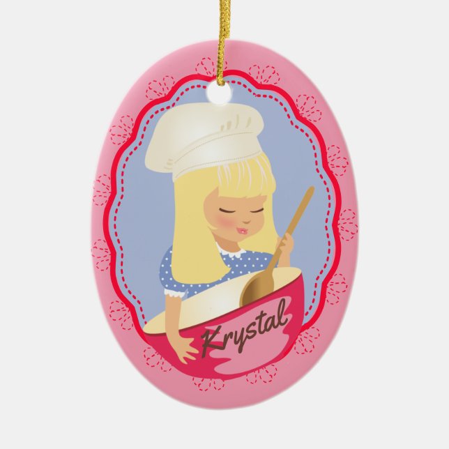 Cute blonde girl chef baker personalized Christmas Ceramic Ornament (Front)