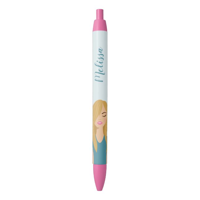 Cute Blonde Girl Illustration With Custom Name Black Ink Pen (Front Vertical)
