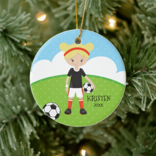 Cute Blonde Girl Soccer Personalized Christmas Ceramic Ornament
