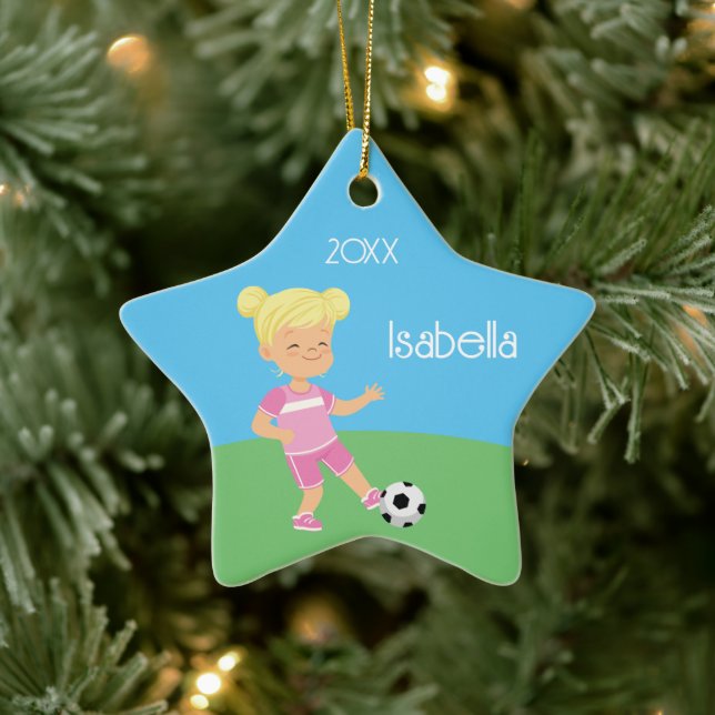 Cute Blonde Girl Soccer Player Ceramic Ornament (Tree)