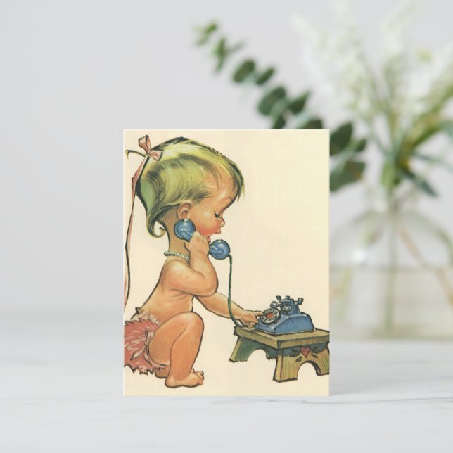 Cute Blonde Girl Talking on Toy Phone Invitation (Standing Front)