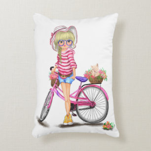 Cute Blonde Girl with Pink Bike and Cat in Flowers Accent Pillow