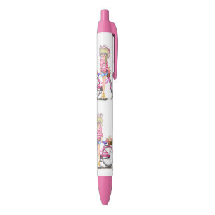 Cute Blonde Girl with Pink Bike and Cat in Flowers Blue Ink Pen