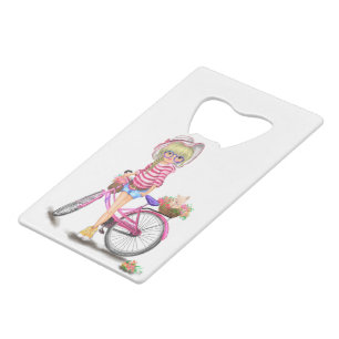 Cute Blonde Girl with Pink Bike and Cat in Flowers Credit Card Bottle Opener
