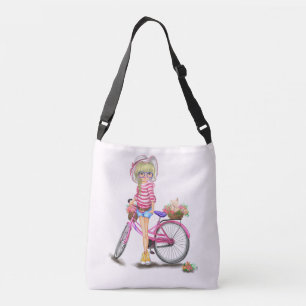Cute Blonde Girl with Pink Bike and Cat in Flowers Crossbody Bag