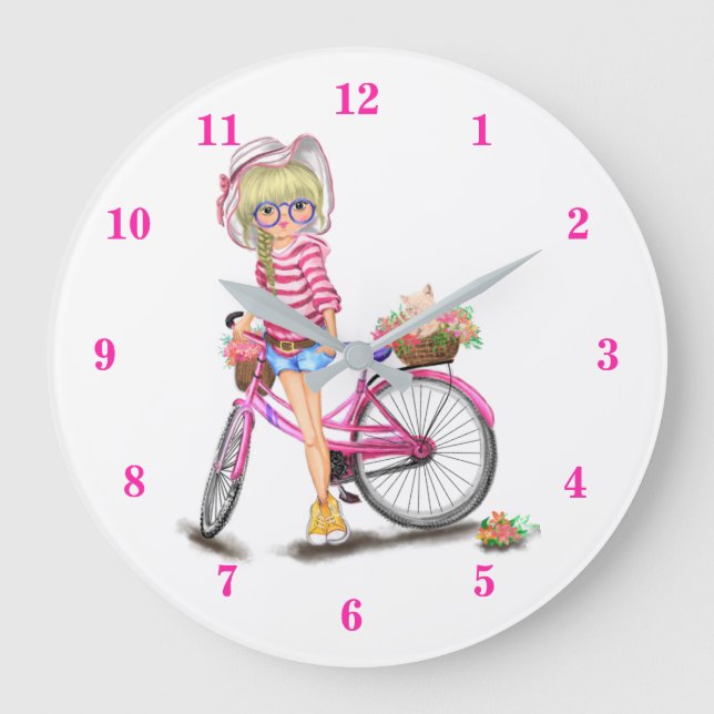 Cute Blonde Girl with Pink Bike and Cat in Flowers Large Clock (Front)