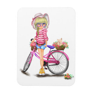 Cute Blonde Girl with Pink Bike and Cat in Flowers Magnet