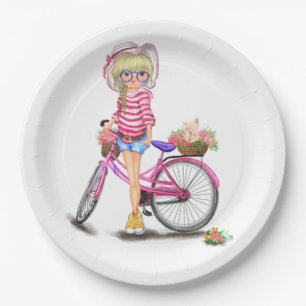 Cute Blonde Girl with Pink Bike and Cat in Flowers Paper Plate