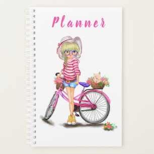 Cute Blonde Girl with Pink Bike and Cat in Flowers Planner