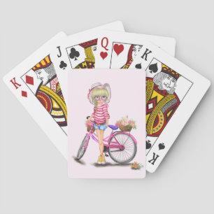 Cute Blonde Girl with Pink Bike and Cat in Flowers Playing Cards