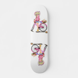 Cute Blonde Girl with Pink Bike and Cat in Flowers Skateboard