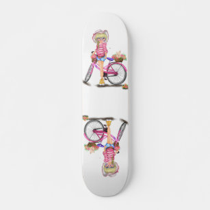 Cute Blonde Girl with Pink Bike and Cat in Flowers Skateboard