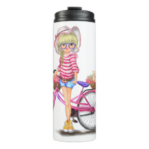 Cute Blonde Girl with Pink Bike and Cat in Flowers Thermal Tumbler