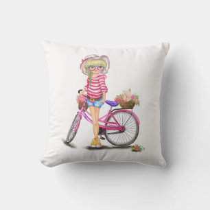 Cute Blonde Girl with Pink Bike and Cat in Flowers Throw Pillow
