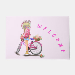 Cute Blonde Girl with Pink Bike - Welcome Doormat