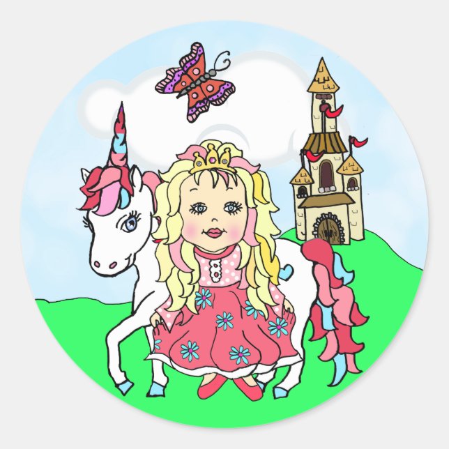 Cute Blonde Haired Princess and Unicorn Castle Classic Round Sticker (Front)