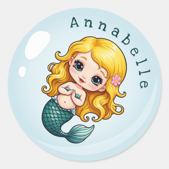 Cute Blonde Mermaid in a Bubble Personalize Classic Round Sticker (Front)
