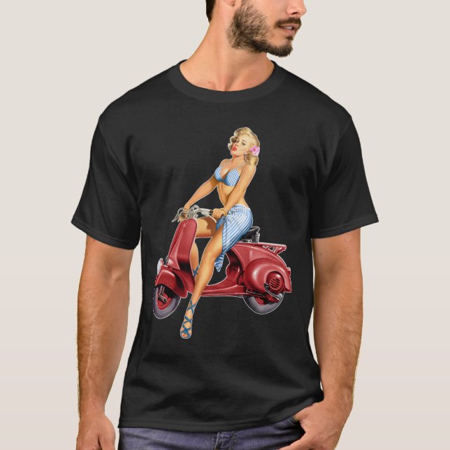 Cute Blonde On Vintage Red Scooter  T-Shirt (Front)