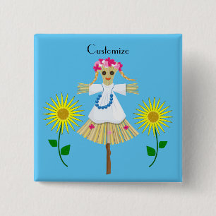 Cute Blonde Pigtails Scarecrow 2 Inch Square Button