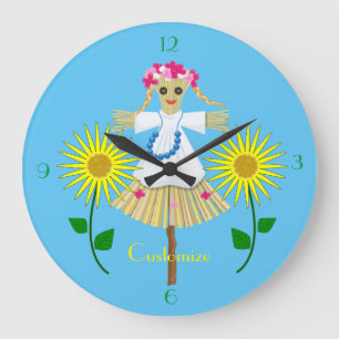 Cute Blonde Pigtails Scarecrow Large Clock