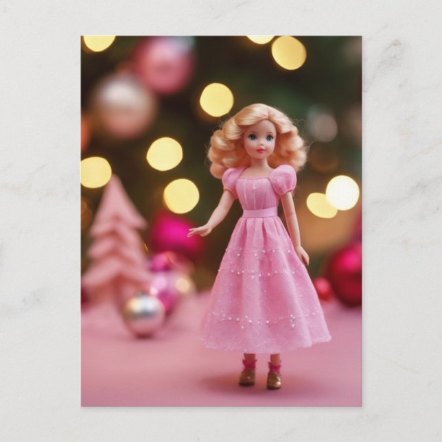 Cute Blonde Pink Retro Christmas Doll Postcard (Front)