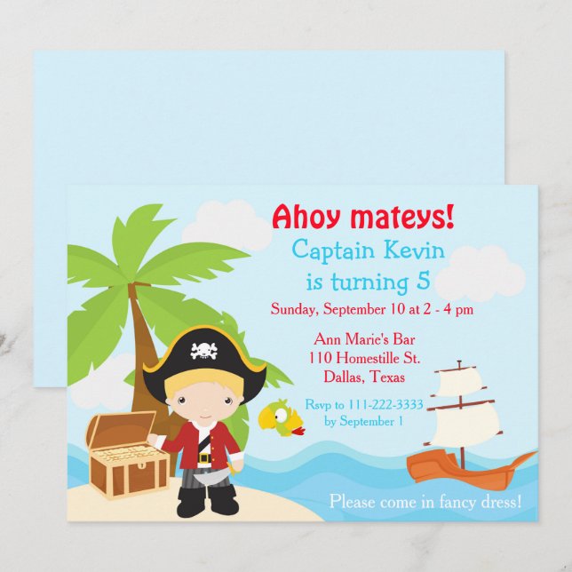 Cute Blonde Pirate Boy Birthday Party Invitation (Front/Back)