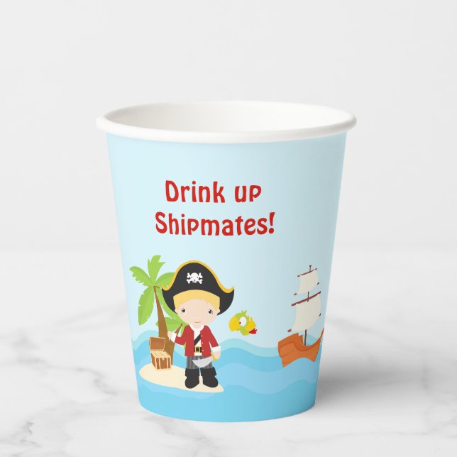 Cute Blonde Pirate Boy in Red Birthday Paper Cups (Front)