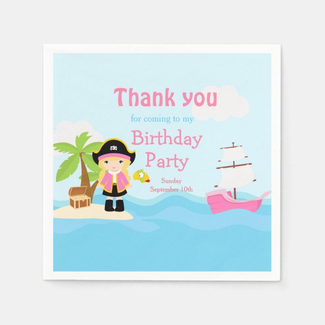 Cute Blonde Pirate Girl in Pink Birthday Party Napkin (Front)