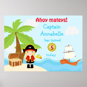 Cute Blonde Pirate Girl in Red Birthday Poster