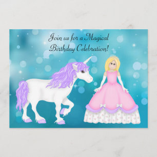 Cute Blonde Princess and Unicorn Birthday Invitation