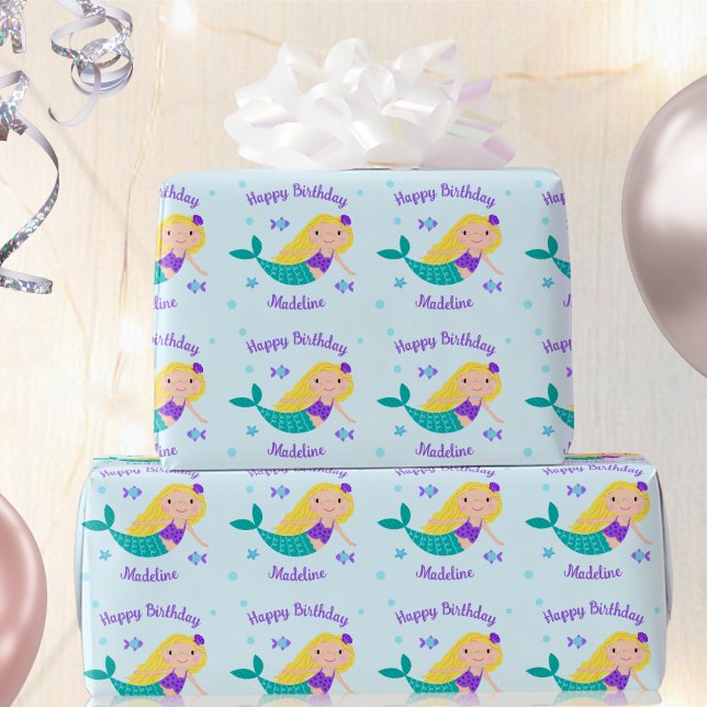 Cute Blonde Purple Mermaid Personalized Birthday Wrapping Paper (Creator Uploaded)