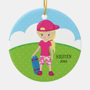 Cute Blonde Skateboard Girl Personalized Christmas Ceramic Ornament