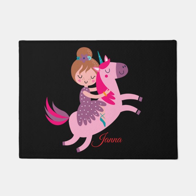 Cute Blondie Haired Girl Riding on a Unicorn Doormat (Front)