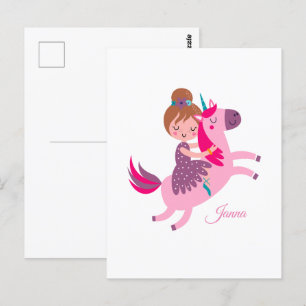 Cute Blondie Haired Girl Riding on a Unicorn Postcard