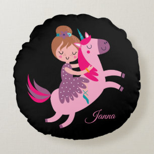 Cute Blondie Haired Girl Riding on a Unicorn Round Pillow