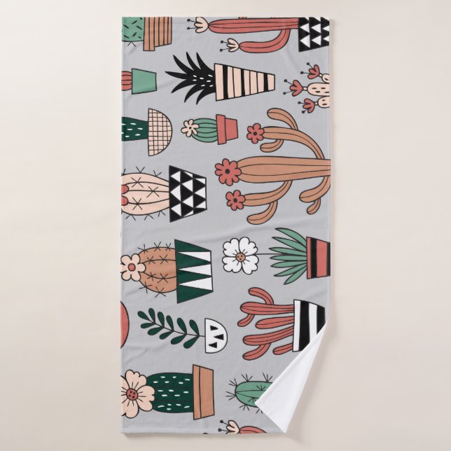 Cute Blooming Cactuses: Hand-Drawn Pattern Bath Towel (Bath Towel)