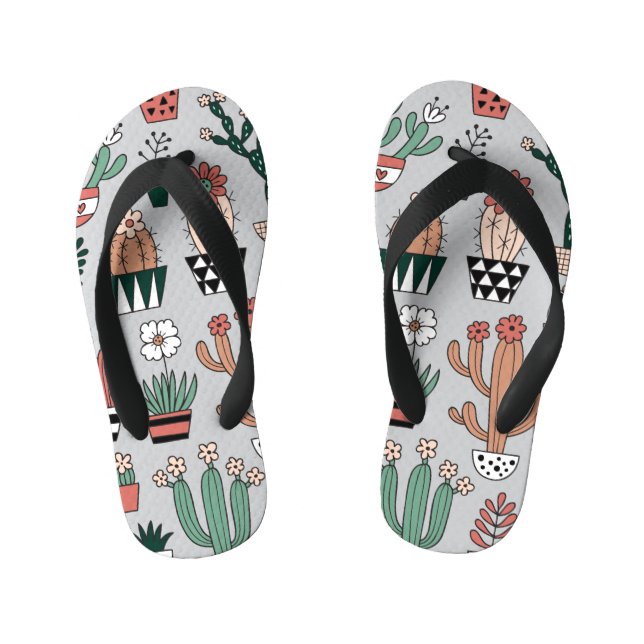 Cute Blooming Cactuses: Hand-Drawn Pattern Kid's Flip Flops (Footbed)