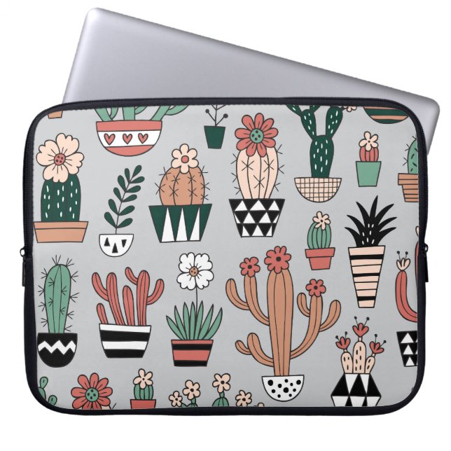 Cute Blooming Cactuses: Hand-Drawn Pattern Laptop Sleeve (Front)