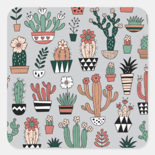 Cute Blooming Cactuses: Hand-Drawn Pattern Square Sticker