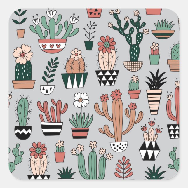 Cute Blooming Cactuses: Hand-Drawn Pattern Square Sticker (Front)