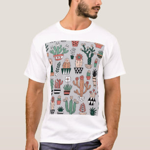 Cute Blooming Cactuses: Hand-Drawn Pattern T-Shirt