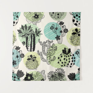 Cute blooming cactuses. Hand drawn seamless patter Tapestry