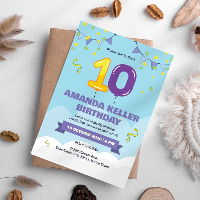 Cute Blue 10th Birthday Invitation (Creator Uploaded)