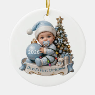 Cute Blue 3D Baby Boy 1st Christmas Ornament