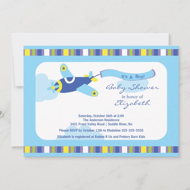 Cute Blue Airplane Boy Baby Shower Invitation (Front)