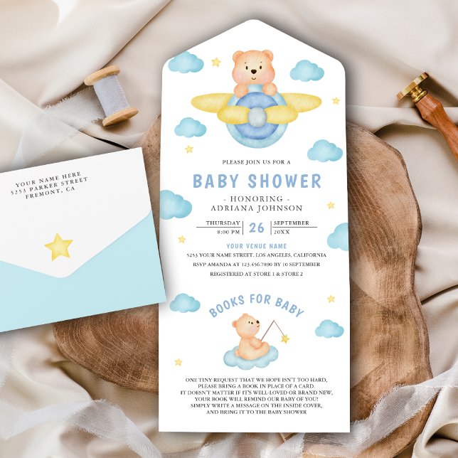 Cute Blue Airplane Boy Teddy Bear Baby Shower All In One Invitation (Creator Uploaded)