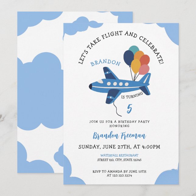 Cute Blue Airplane Boys 5th Birthday Invitation (Front/Back)